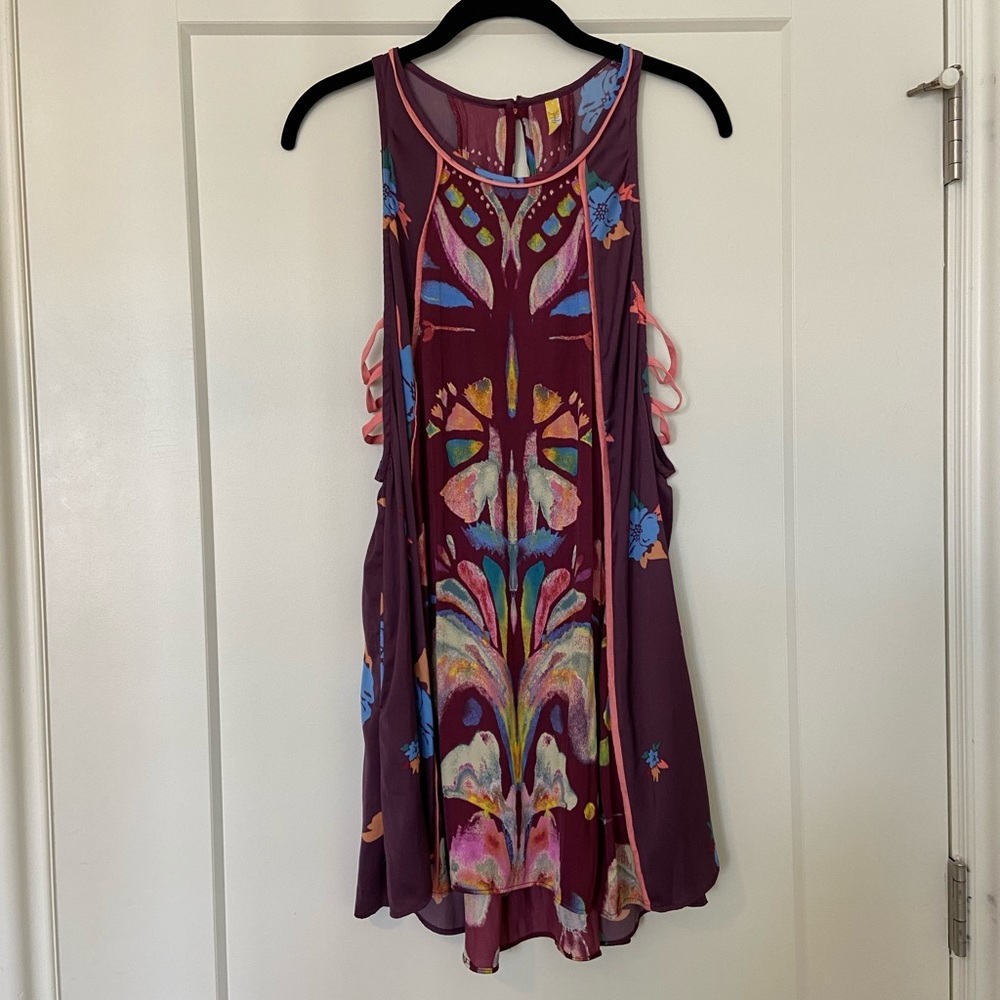 Free People Purple Satin Floral Dress with Keyhole Back, Side Detailing, Pockets